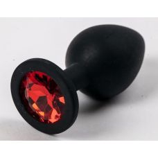 Черная силиконовая анальная пробка с красным кристаллом - 9,5 см.