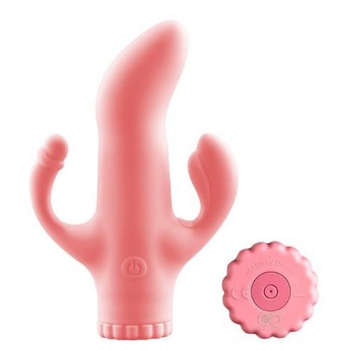 Розовый вибратор с клиторальным и анальным отростками - 15,2 см.