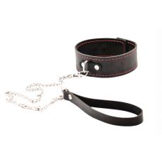 Черный широкий ошейник с красной строчкой и поводком Черный широкий ошейник с красной строчкой и поводком