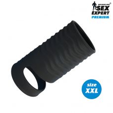Черная открытая насадка на пенис с кольцом для мошонки XXL-size - 9,4 см.