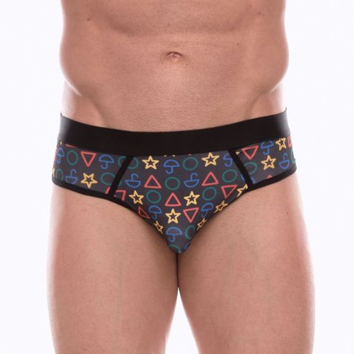 Темно-серые мужские трусы-джоки с принтом в виде цветных значков Темно-серые мужские трусы-джоки с принтом в виде цветных значков