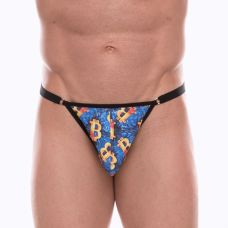 Синие мужские трусы-тонги с разноцветным принтом