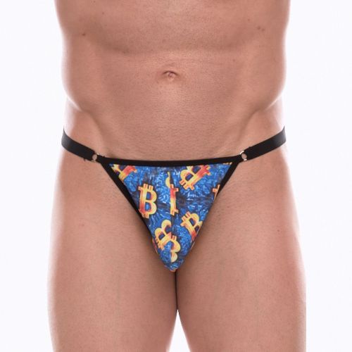 Синие мужские трусы-тонги с разноцветным принтом