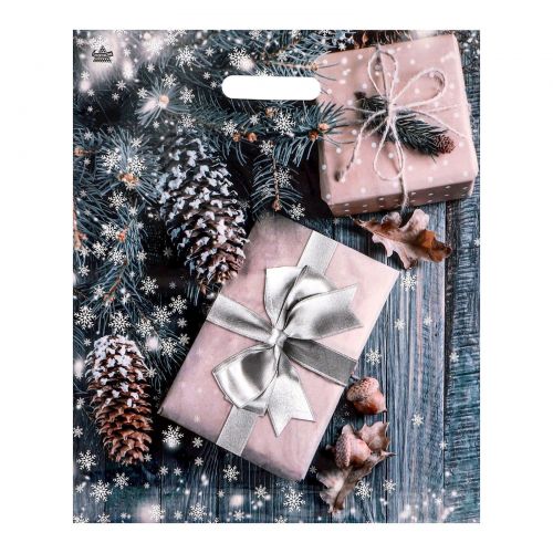 Новогодний пакет с принтом в виде подарков и вырубной ручкой (45х38 см) Новогодний пакет с принтом в виде подарков и вырубной ручкой (45х38 см)