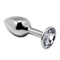 Серебристая анальная втулка с прозрачным кристаллом Mini Metal Butt Plug Size L - 9 см.