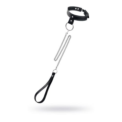 Черный узкий однослойный ошейник с серебристым поводком-цепочкой