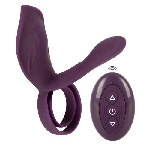 Фиолетовая насадка на член с клиторальным отростком и пультом ДУ RC Couple’s Vibrator 2