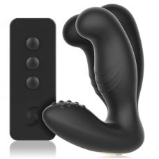 Черный вибромассажер простаты с ротацией и пультом ДУ