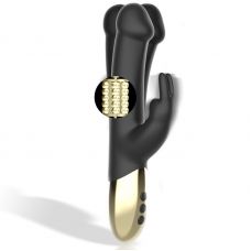 Черный вибратор-кролик с вращением бусин - 22 см.